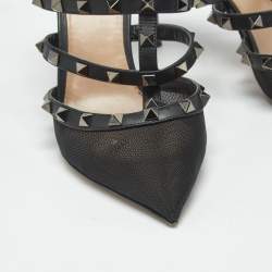 Pre Owned Valentino Black Leather and Mesh Rockstud Heel Mules Size 39