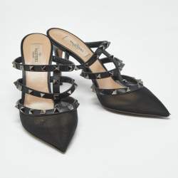 Pre Owned Valentino Black Leather and Mesh Rockstud Heel Mules Size 39