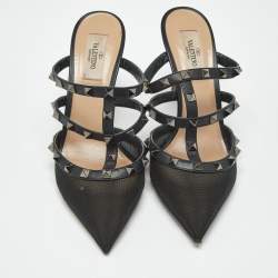 Pre Owned Valentino Black Leather and Mesh Rockstud Heel Mules Size 39
