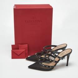 Pre Owned Valentino Black Leather and Mesh Rockstud Heel Mules Size 39