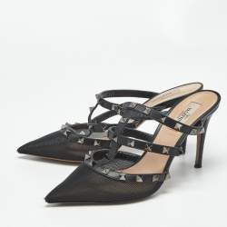 Pre Owned Valentino Black Leather and Mesh Rockstud Heel Mules Size 39