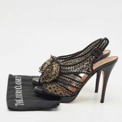 Pre Owned Valentino Black Leather and Lace Flower Embellished Platform Slingback Sandals Size 40