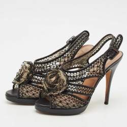 Pre Owned Valentino Black Leather and Lace Flower Embellished Platform Slingback Sandals Size 40