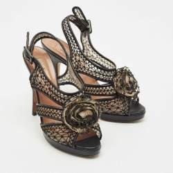 Pre Owned Valentino Black Leather and Lace Flower Embellished Platform Slingback Sandals Size 40