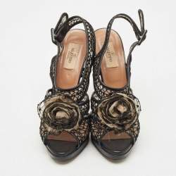 Pre Owned Valentino Black Leather and Lace Flower Embellished Platform Slingback Sandals Size 40