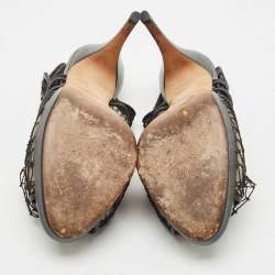 Pre Owned Valentino Black Leather and Lace Flower Embellished Platform Slingback Sandals Size 40