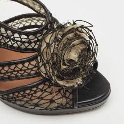 Pre Owned Valentino Black Leather and Lace Flower Embellished Platform Slingback Sandals Size 40
