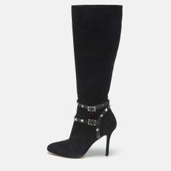 Pre Owned Valentino Black Suede and Leather Rockstud Knee Length Boots Size 37.5