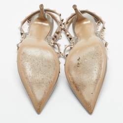 Pre Owned Valentino Grey/Beige Patent and Leather Rockstud Ankle Strap Pumps Size 39