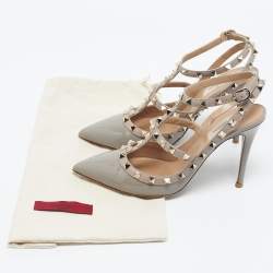 Pre Owned Valentino Grey/Beige Patent and Leather Rockstud Ankle Strap Pumps Size 39