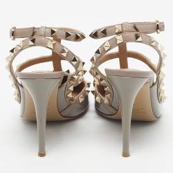Pre Owned Valentino Grey/Beige Patent and Leather Rockstud Ankle Strap Pumps Size 39