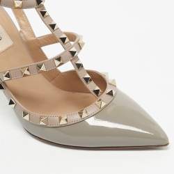 Pre Owned Valentino Grey/Beige Patent and Leather Rockstud Ankle Strap Pumps Size 39