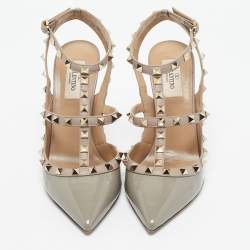 Pre Owned Valentino Grey/Beige Patent and Leather Rockstud Ankle Strap Pumps Size 39