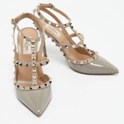 Pre Owned Valentino Grey/Beige Patent and Leather Rockstud Ankle Strap Pumps Size 39