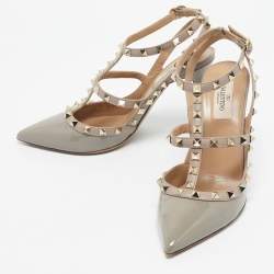 Pre Owned Valentino Grey/Beige Patent and Leather Rockstud Ankle Strap Pumps Size 39