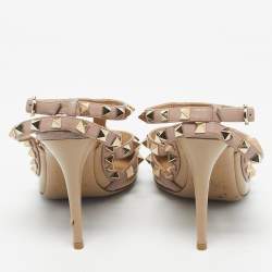 Pre Owned Valentino Beige Patent Leather Rockstud Ankle Strap Pumps Size 36