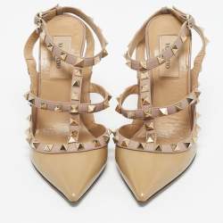 Pre Owned Valentino Beige Patent Leather Rockstud Ankle Strap Pumps Size 36