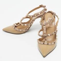 Pre Owned Valentino Beige Patent Leather Rockstud Ankle Strap Pumps Size 36