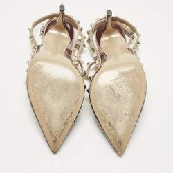 Pre Owned حذاء كعب عالي فالنتينو جلد برغندي/بيج لامع سير كاحل مرصع روكستد مقاس 38