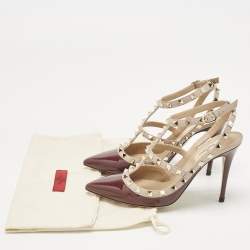 Pre Owned حذاء كعب عالي فالنتينو جلد برغندي/بيج لامع سير كاحل مرصع روكستد مقاس 38