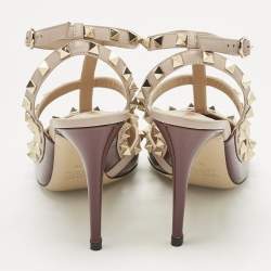 Pre Owned حذاء كعب عالي فالنتينو جلد برغندي/بيج لامع سير كاحل مرصع روكستد مقاس 38