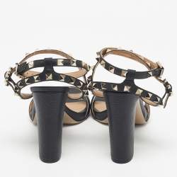 Pre Owned Valentino Black Leather Rockstud Double Strap Sandals Size 39