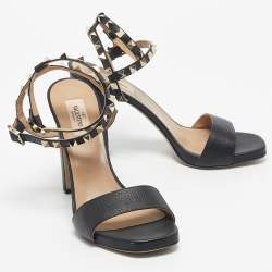 Pre Owned Valentino Black Leather Rockstud Double Strap Sandals Size 39