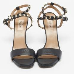 Pre Owned Valentino Black Leather Rockstud Double Strap Sandals Size 39