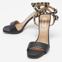 Pre Owned Valentino Black Leather Rockstud Double Strap Sandals Size 39