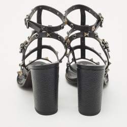 Pre Owned Valentino Black Leather Rockstud Block Heel Strappy Sandals Size 39.5