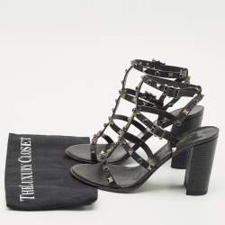Pre Owned Valentino Black Leather Rockstud Block Heel Strappy Sandals Size 39.5