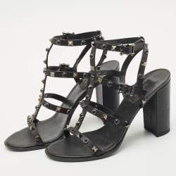 Pre Owned Valentino Black Leather Rockstud Block Heel Strappy Sandals Size 39.5