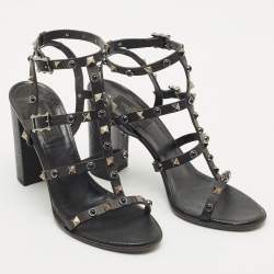 Pre Owned Valentino Black Leather Rockstud Block Heel Strappy Sandals Size 39.5