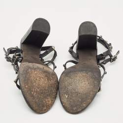 Pre Owned Valentino Black Leather Rockstud Block Heel Strappy Sandals Size 39.5