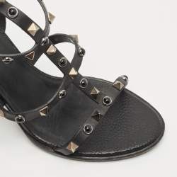 Pre Owned Valentino Black Leather Rockstud Block Heel Strappy Sandals Size 39.5