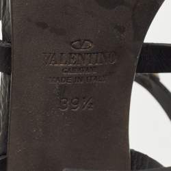 Pre Owned Valentino Black Leather Rockstud Block Heel Strappy Sandals Size 39.5