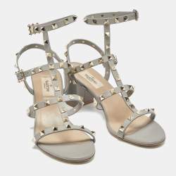 Pre Owned Valentino Grey Leather Rockstud Ankle Strap Sandals Size 39.5