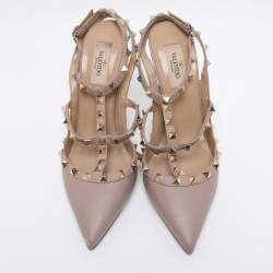 Pre Owned حذاء كعب عالي فالنتينو سير كاحل جلد لامع روكستد أحمر/بيج مقاس 36.5