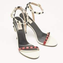 Pre Owned Valentino Tricolor Leather Rockstud Ankle Strap Sandals Size 40