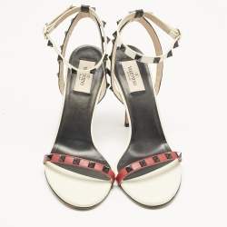 Pre Owned Valentino Tricolor Leather Rockstud Ankle Strap Sandals Size 40