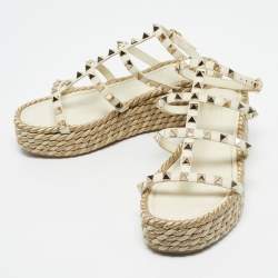 Pre Owned Valentino Cream Leather Rockstud Wedge Sandals Size 36