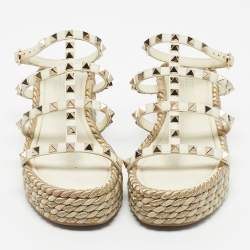 Pre Owned Valentino Cream Leather Rockstud Wedge Sandals Size 36