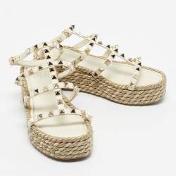 Pre Owned Valentino Cream Leather Rockstud Wedge Sandals Size 36