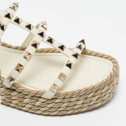 Pre Owned Valentino Cream Leather Rockstud Wedge Sandals Size 36