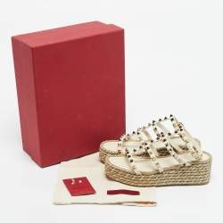 Pre Owned Valentino Cream Leather Rockstud Wedge Sandals Size 36