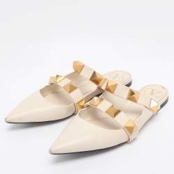 Pre Owned Valentino Cream Leather Roman Stud Flat Mules Size 38