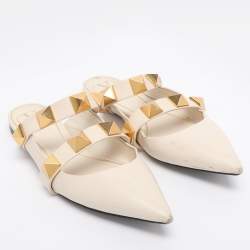 Pre Owned Valentino Cream Leather Roman Stud Flat Mules Size 38