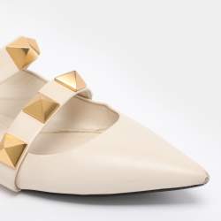 Pre Owned Valentino Cream Leather Roman Stud Flat Mules Size 38