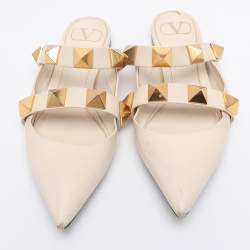 Pre Owned Valentino Cream Leather Roman Stud Flat Mules Size 38