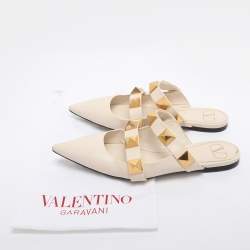 Pre Owned Valentino Cream Leather Roman Stud Flat Mules Size 38